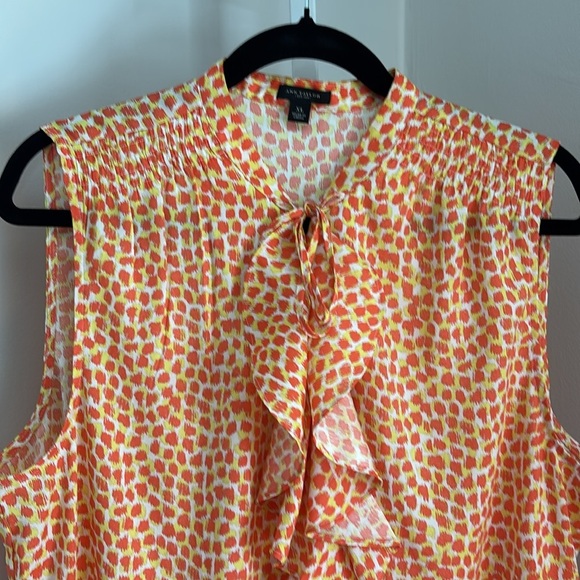 Ann Taylor Tie Neck With Ruffles Orange Sleeveless Printed Blouse Size XL - Picture 7 of 7